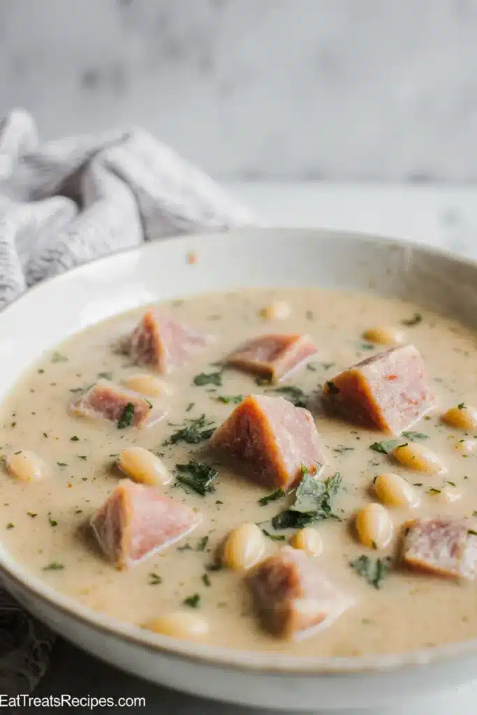 Close-up of creamy ham and white bean soup with herbs and steam