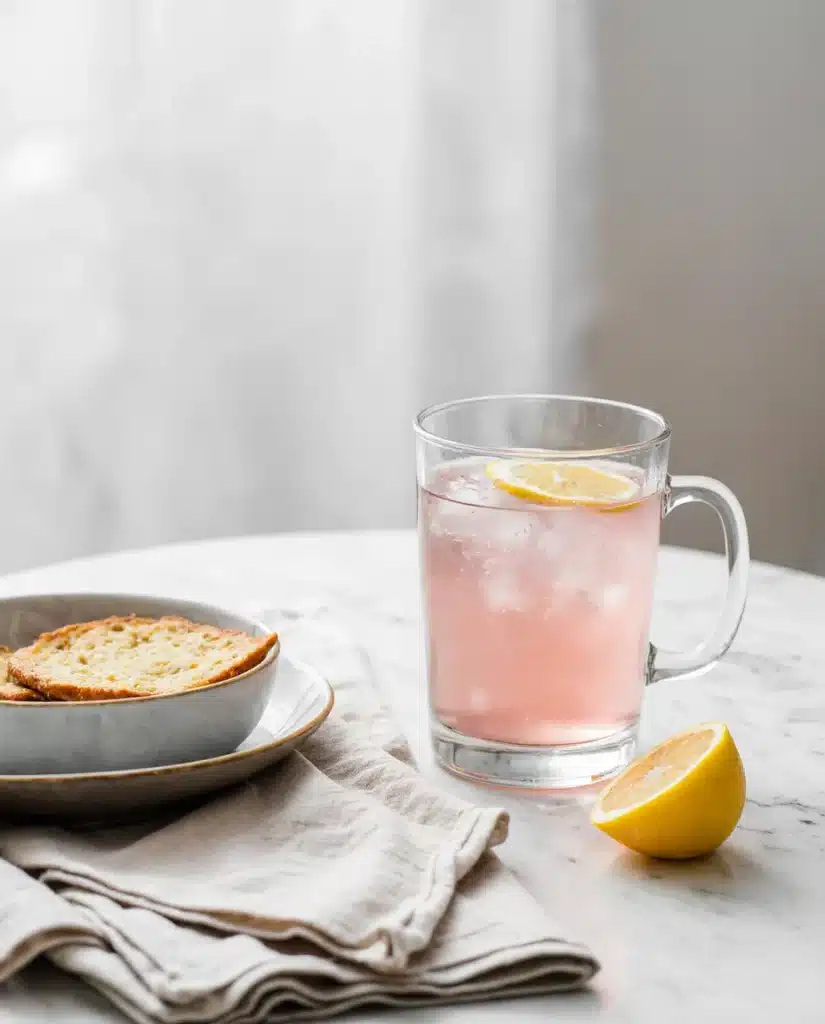 Glass of pink salt water next to lemon on marble