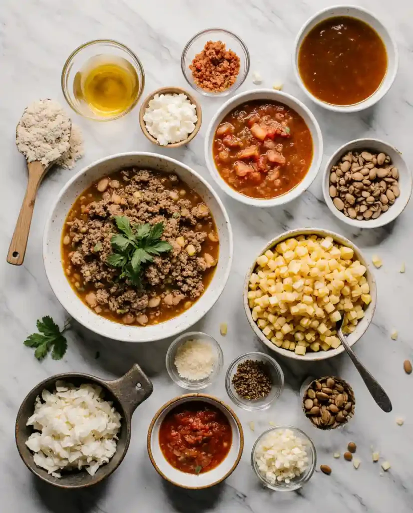 Taco soup ingredients on marble