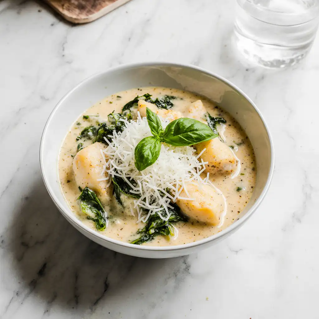 Creamy white lasagna soup with chicken, spinach, and cheese in a white bowl