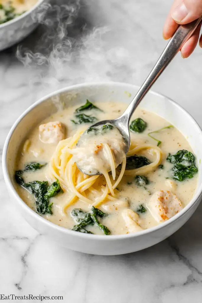 Close-up of creamy white lasagna soup with noodles and herbs