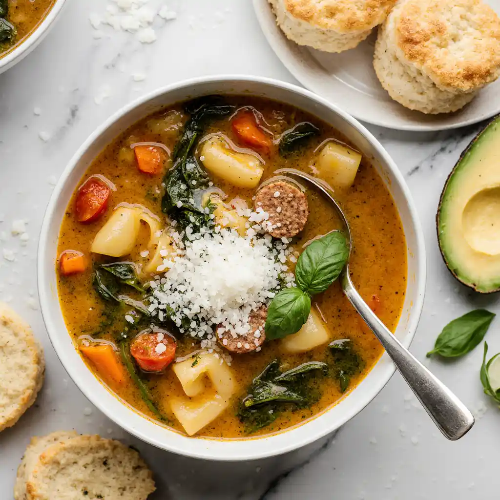 Autumn Tortellini Soup with Sausage in white bowl