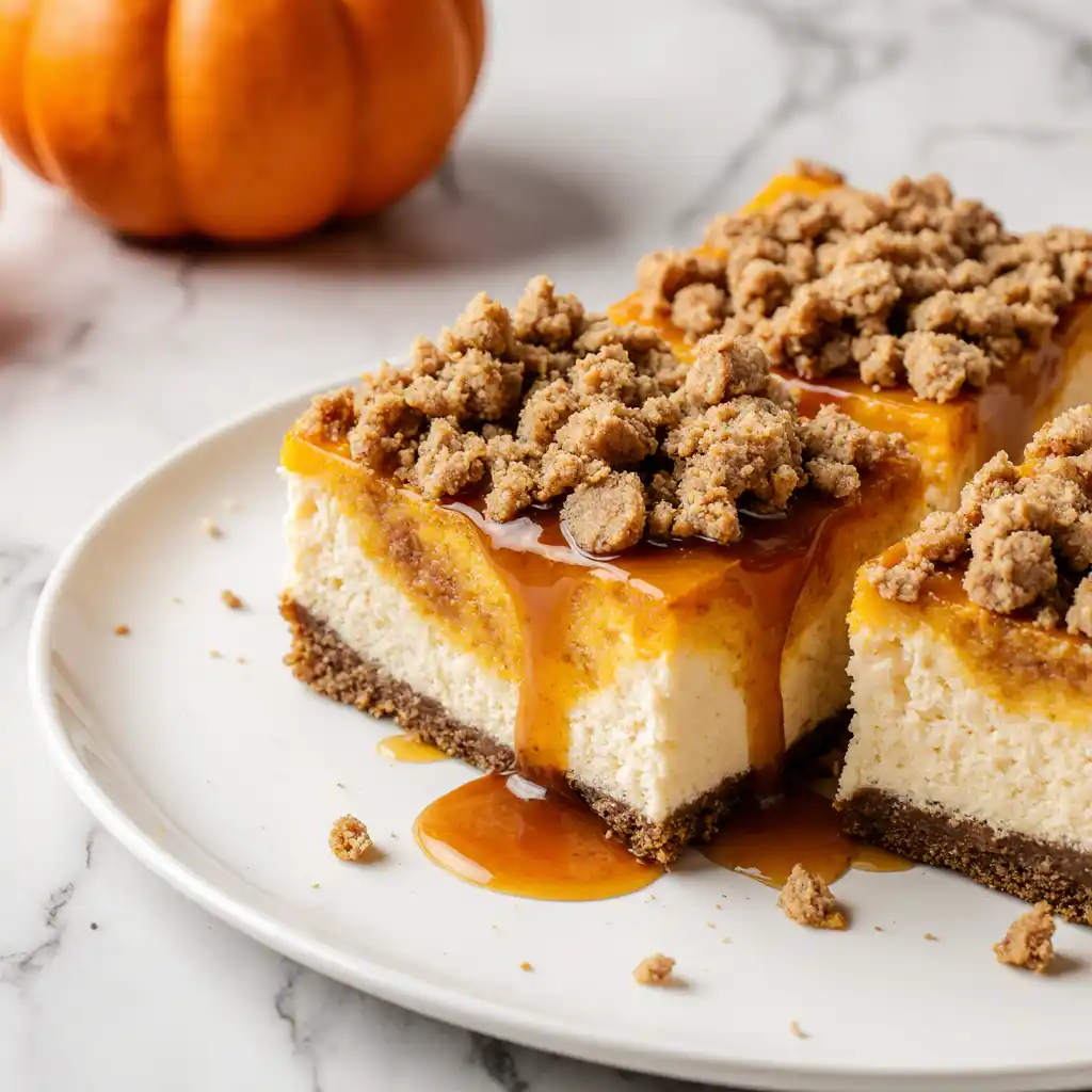 Thanksgiving Pumpkin Spice Cheesecake Bars served on white marble with mini pumpkins and cinnamon sticks