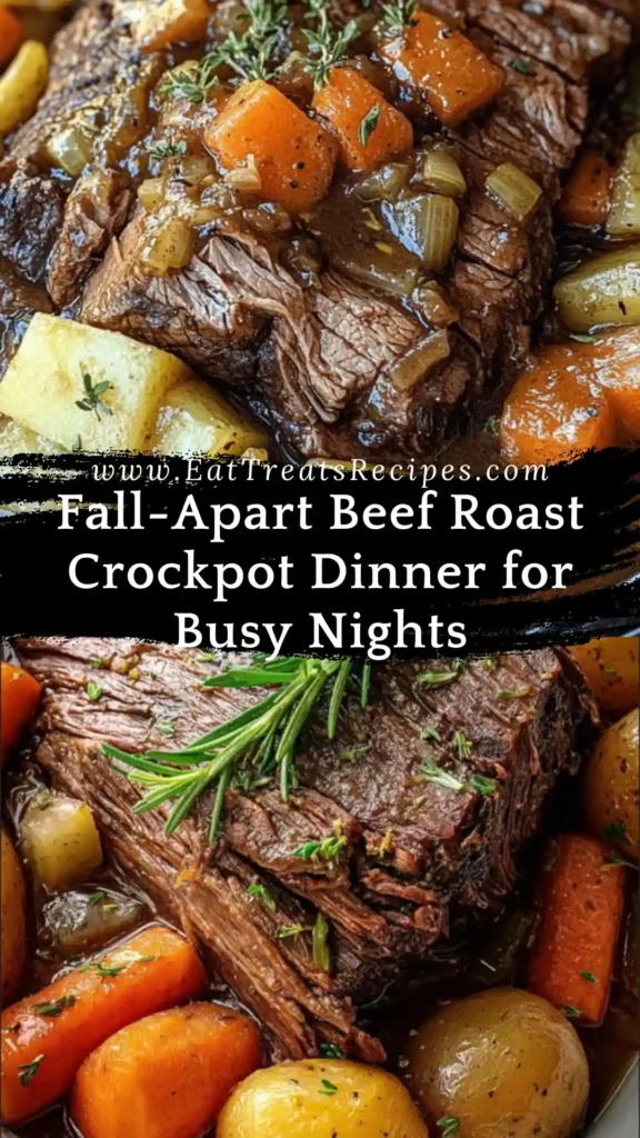 Fall-apart beef roast crockpot served with carrots, potatoes, and savory gravy