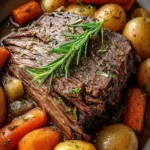 Fall-apart beef roast crockpot served with carrots, potatoes, and savory gravy