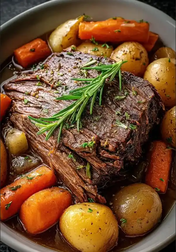 Fall-apart beef roast crockpot served with carrots, potatoes, and savory gravy