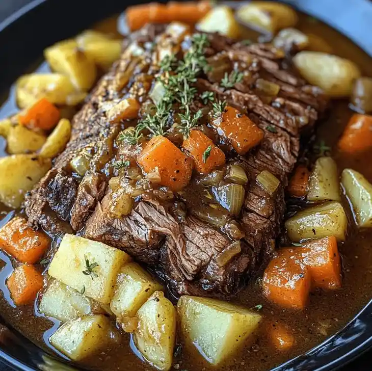 Fall-apart beef roast crockpot served with carrots, potatoes, and savory gravy