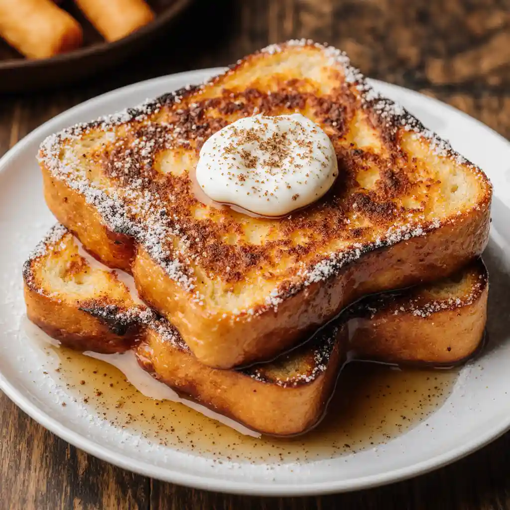 fall pumpkin french toast for breakfast with whipped cream and maple syrup