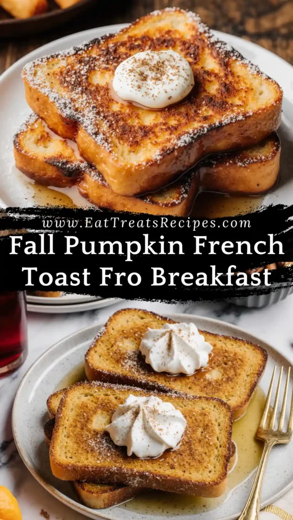 fall pumpkin french toast for breakfast with whipped cream and maple syrup