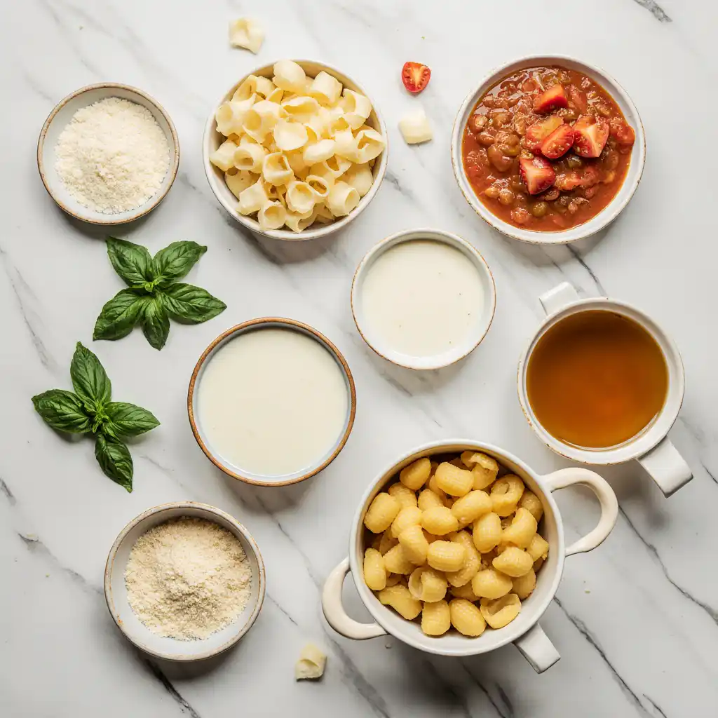 Ingredients for creamy tomato tortellini soup arranged on white marble