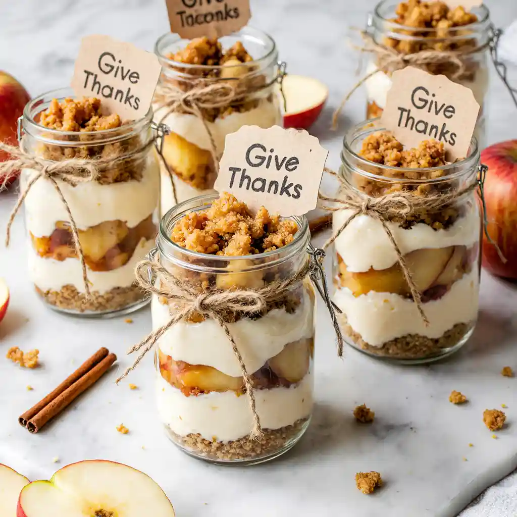 Mini apple crumble cheesecakes in mason jars with “Give Thanks” tags