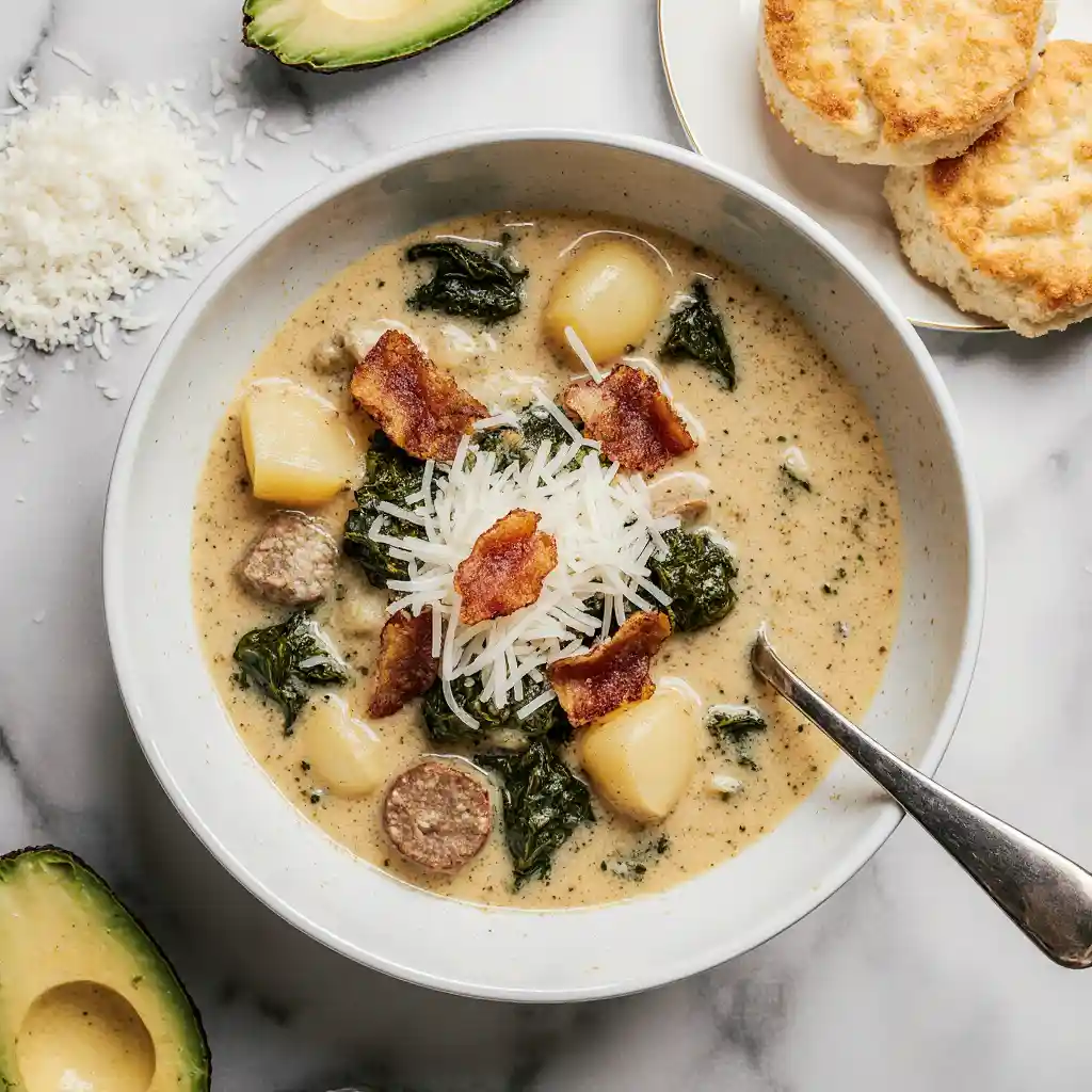 Bowl of Zuppa Toscana Soup with bacon & parmesan