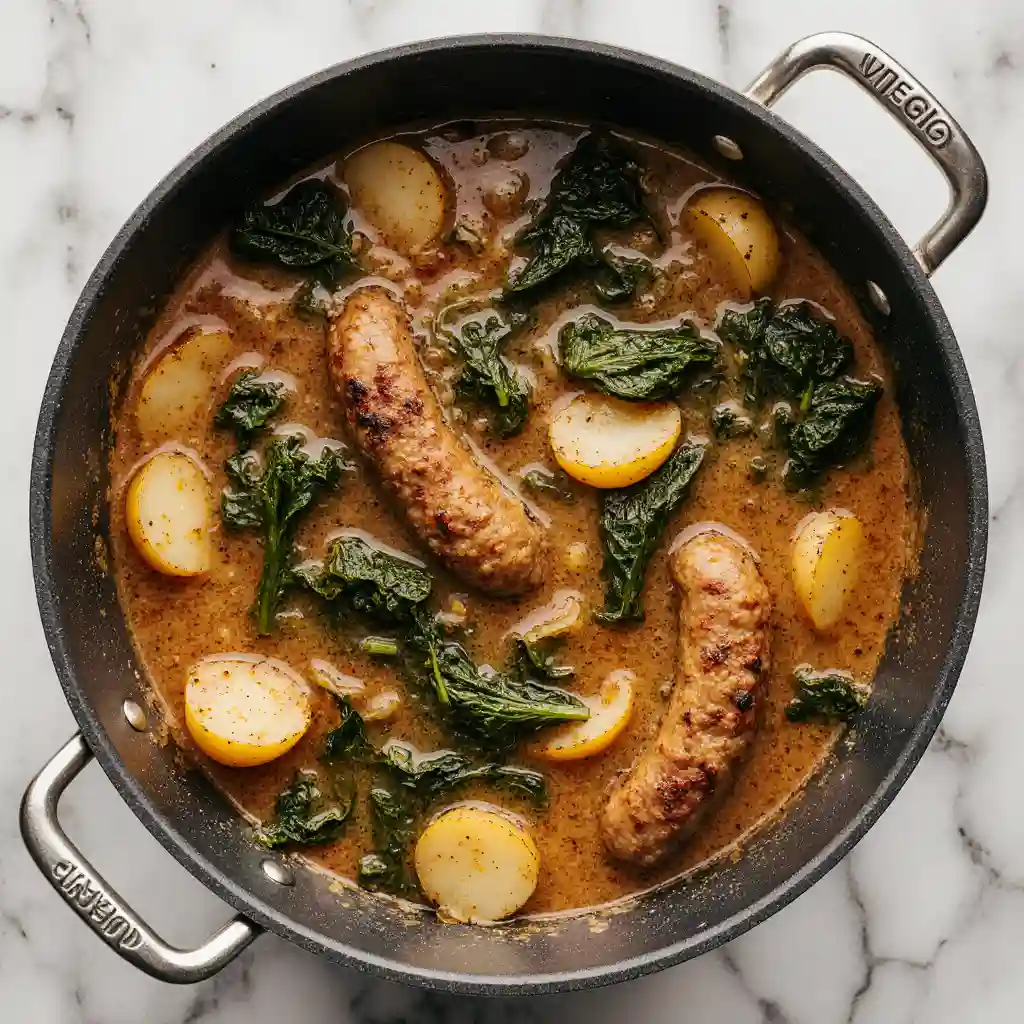 Simmering pot of Zuppa Toscana Soup