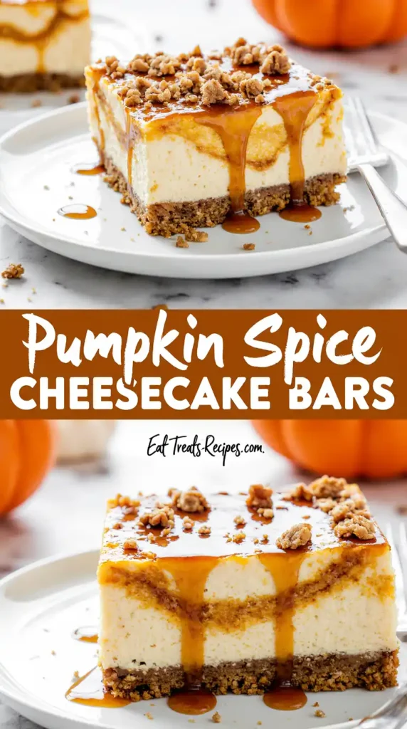 Thanksgiving Pumpkin Spice Cheesecake Bars served on white marble with mini pumpkins and cinnamon sticks