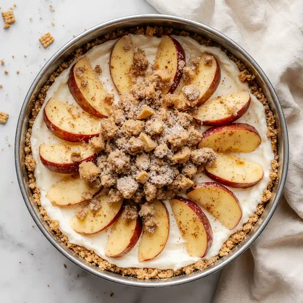 Cheesecake pan with crust, apple layer, and crumble before baking