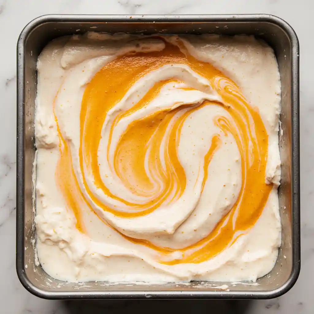 Overhead shot of unbaked pumpkin cheesecake bars in square baking pan