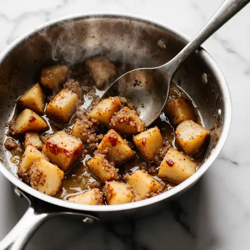 Caramelized apples cooking with cinnamon and brown sugar in skillet