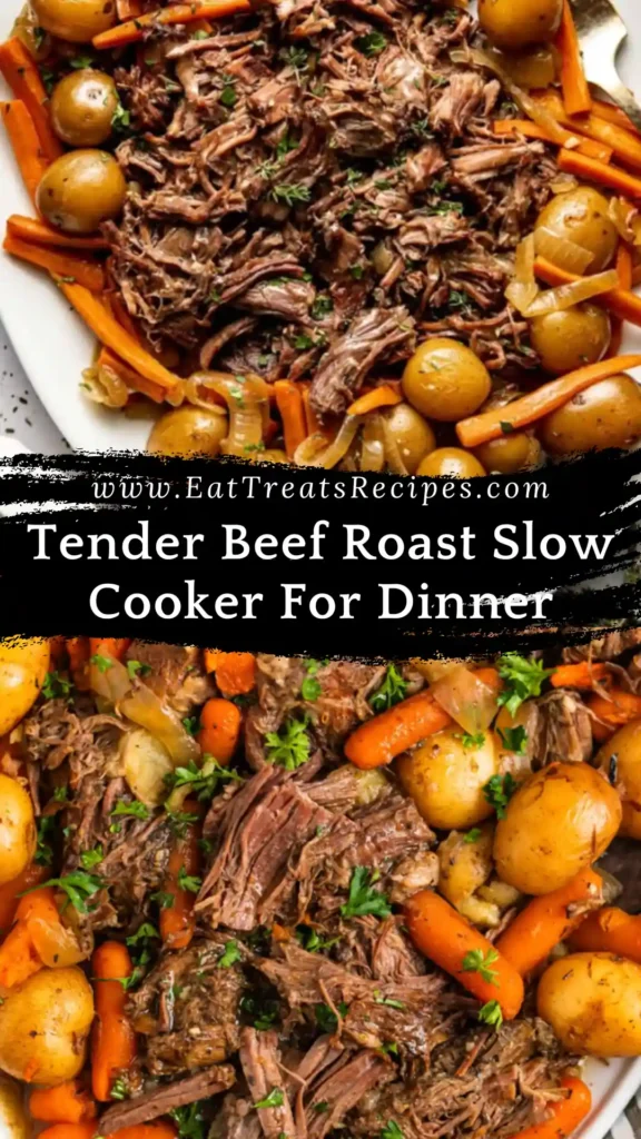 tender beef roast slow cooker dinner with carrots, potatoes, and rich gravy
