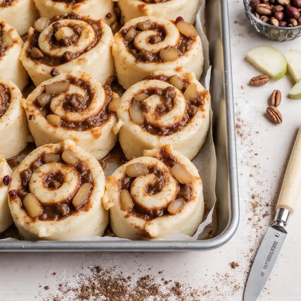 Homemade apple cinnamon rolls baking on tray before glaze