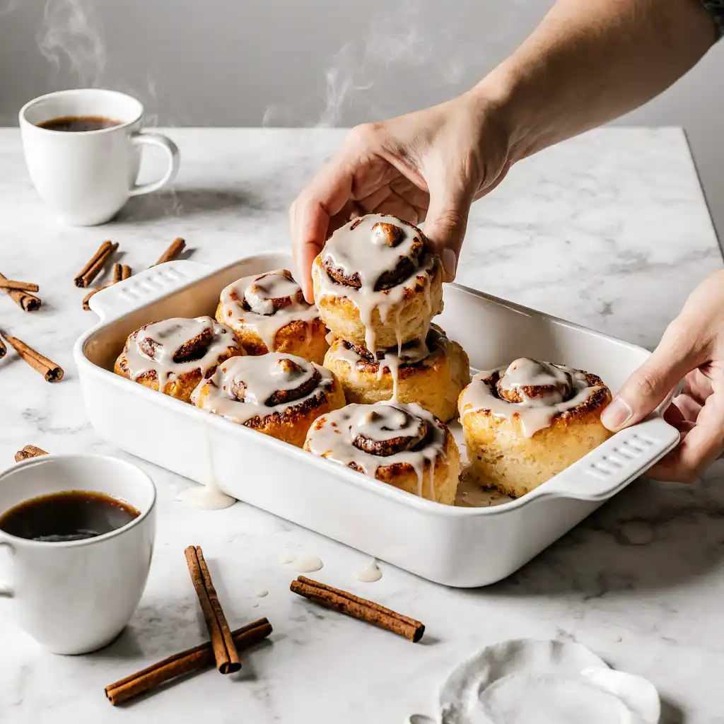 Thanksgiving Apple Cinnamon Rolls served with coffee on marble table
