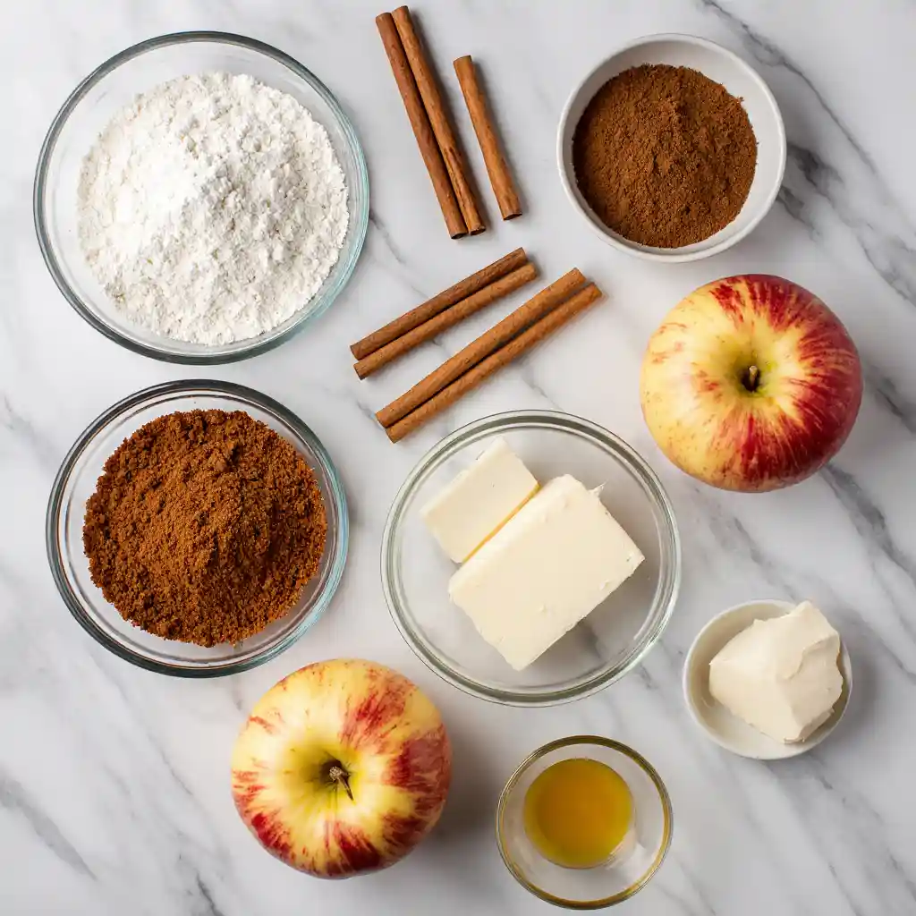 Flat lay of apple cinnamon roll ingredients on white marble background