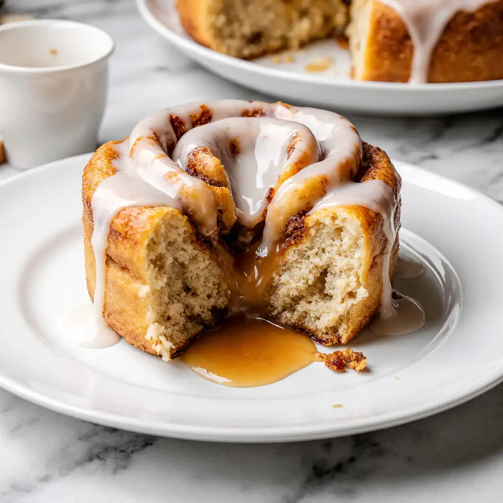 Thanksgiving Apple Cinnamon Roll fresh from oven with glaze and apple slices on white marble