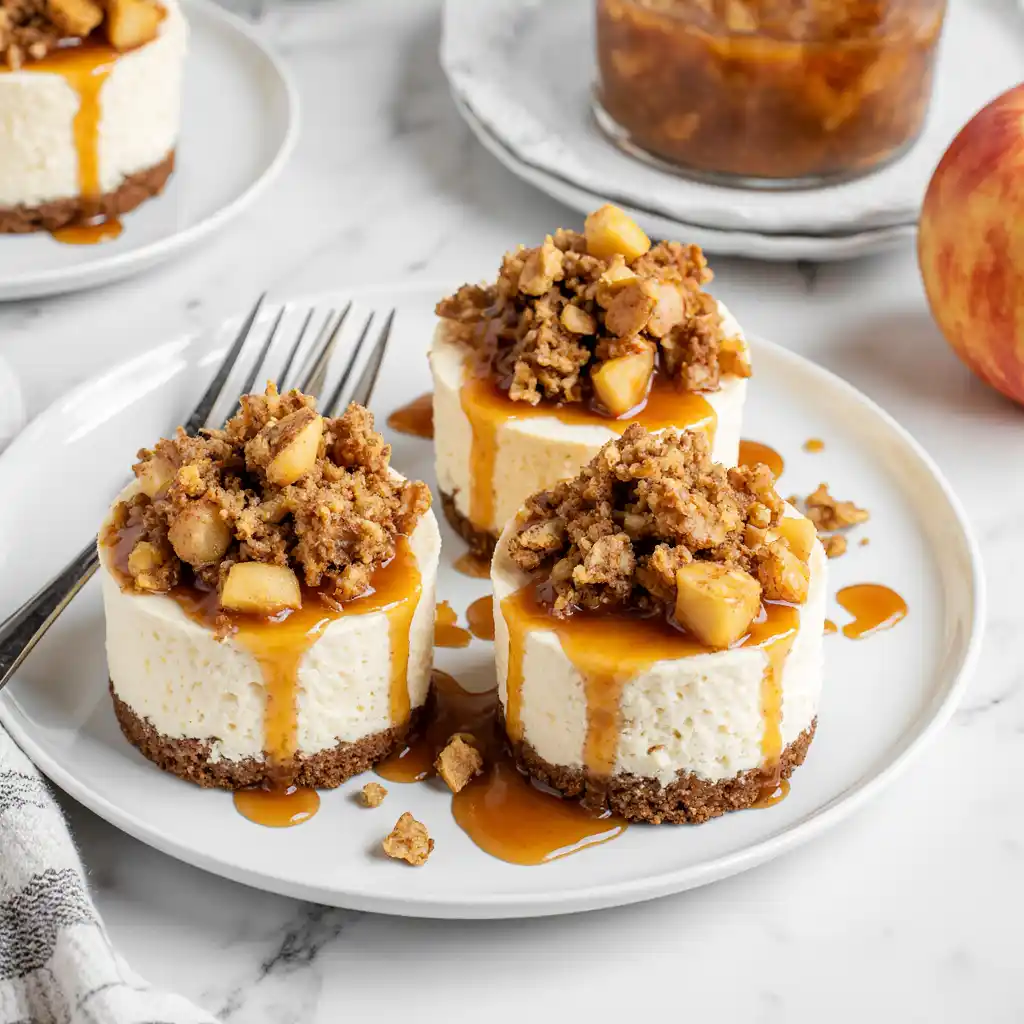 Close-up of mini apple crisp cheesecake showing crust, cheesecake filling, apples, and crumble topping