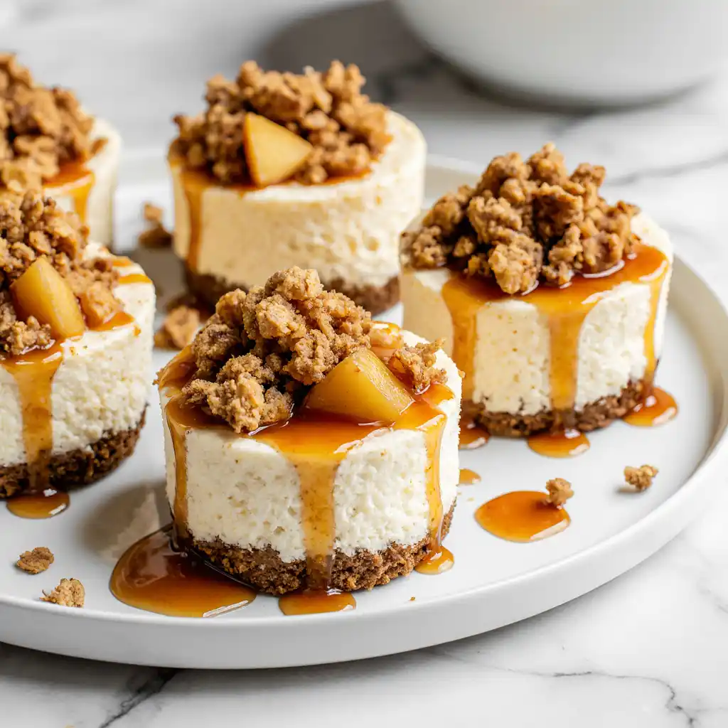 Thanksgiving Apple Crisp Mini Cheesecakes on white marble with caramel drizzle