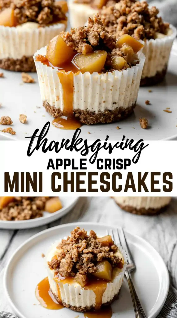 Stack of mini apple crisp cheesecakes drizzled with caramel on white marble