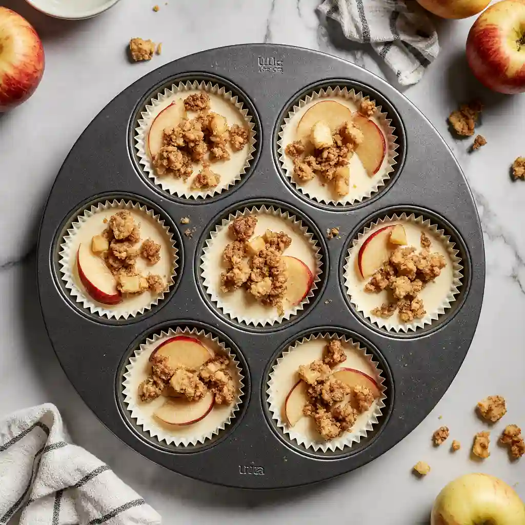 Muffin pan filled with mini apple crisp cheesecakes before baking