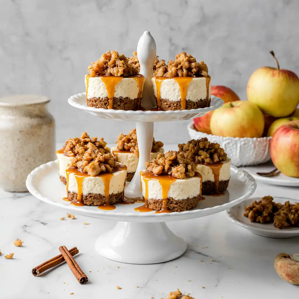 Mini apple crisp cheesecakes arranged on a tiered dessert stand