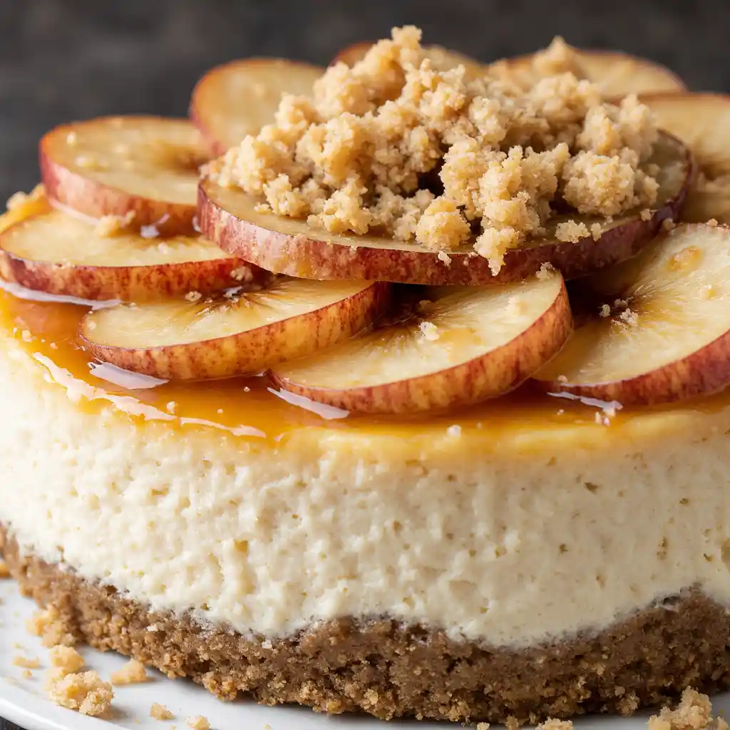 Close-up of cheesecake layers with graham crust, creamy filling, and apple crumble topping
