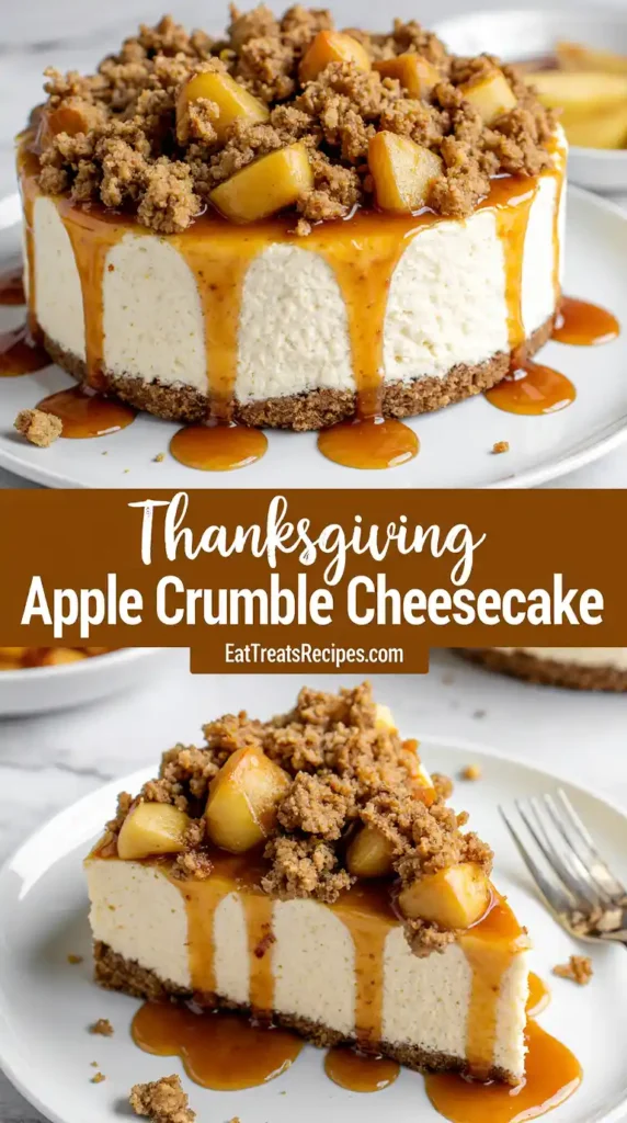 Apple crumble cheesecake slice with caramel drizzle on marble