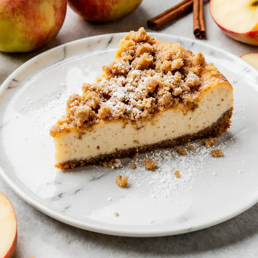 Thanksgiving Apple Crumble Cheesecake slice on white marble with cinnamon sticks and apples