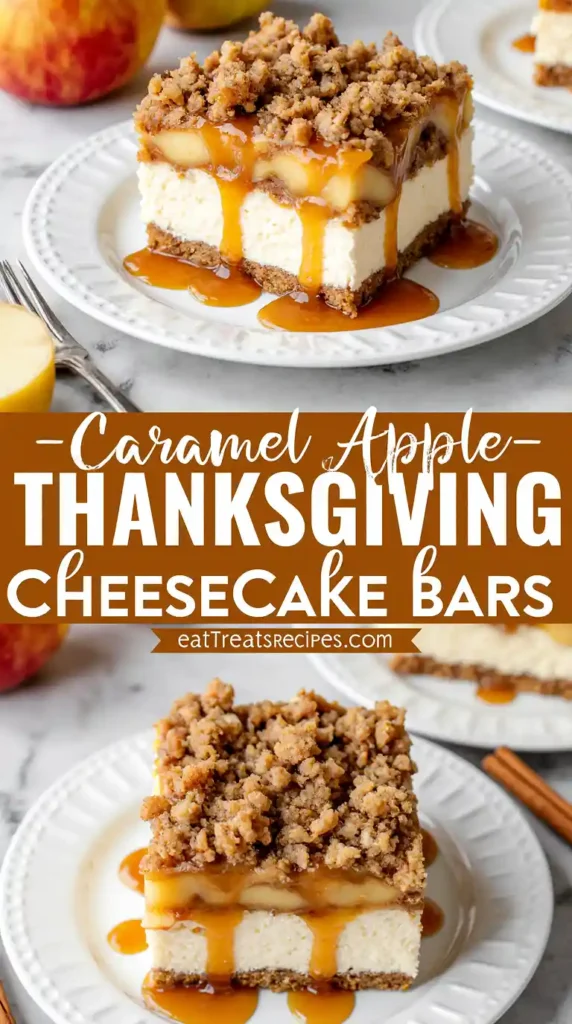 Thanksgiving caramel apple cheesecake bars stacked with caramel drizzle, cozy fall setting