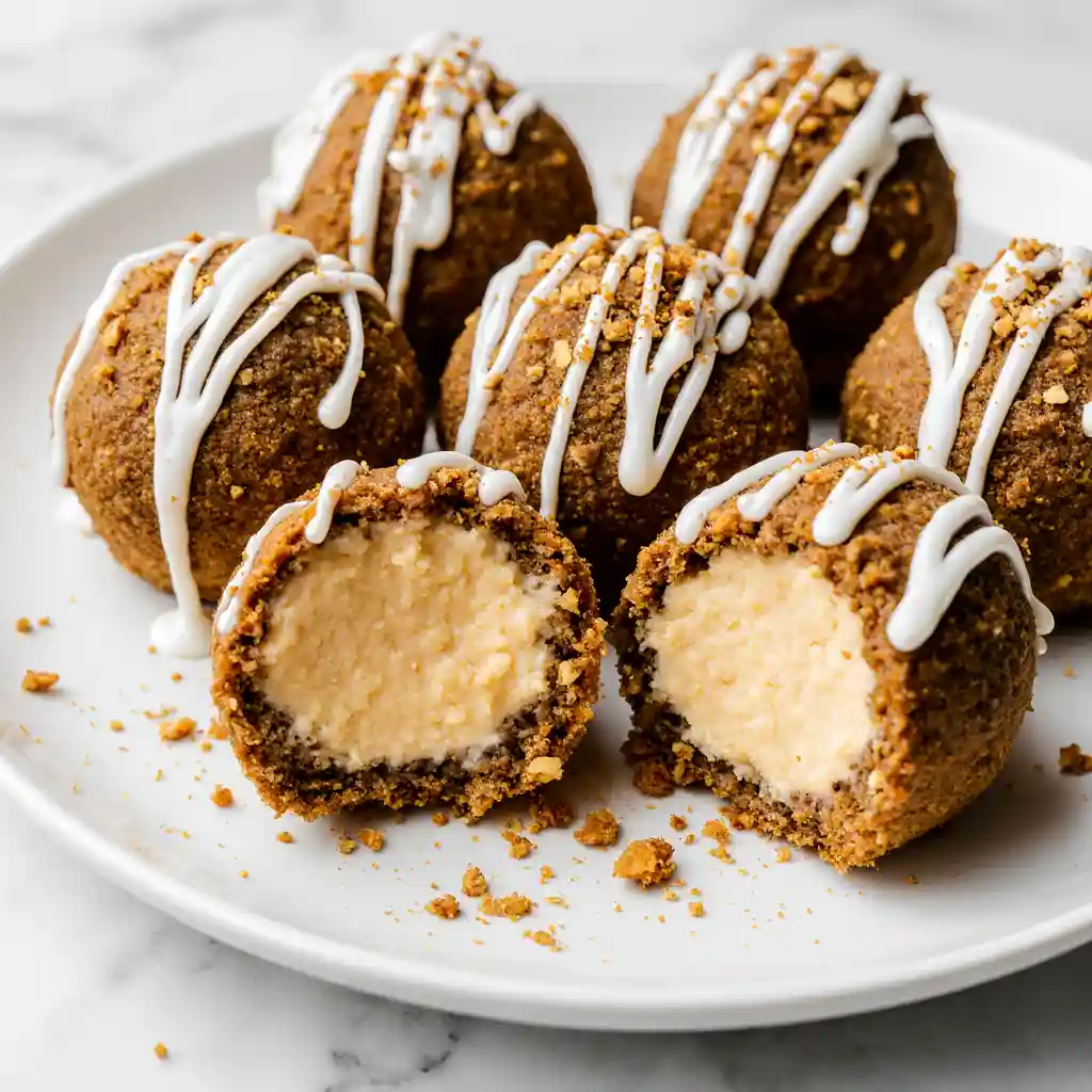 Thanksgiving No Bake Pumpkin Cheesecake Balls stacked on white marble with fall spices
