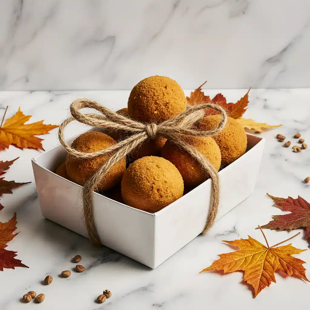 Pumpkin cheesecake balls chilling on tray in refrigerator