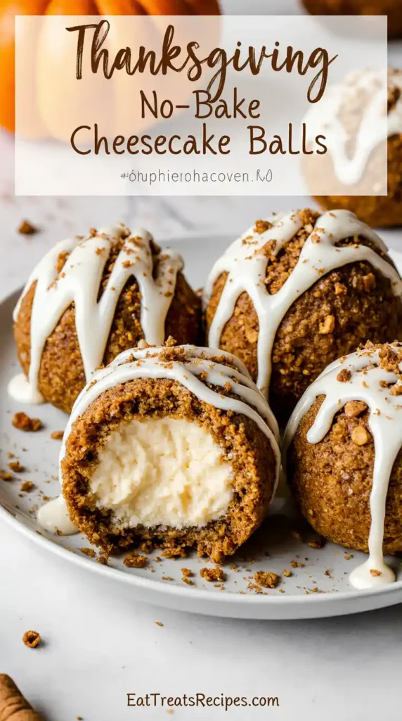 Stack of pumpkin cheesecake balls drizzled with caramel on marble