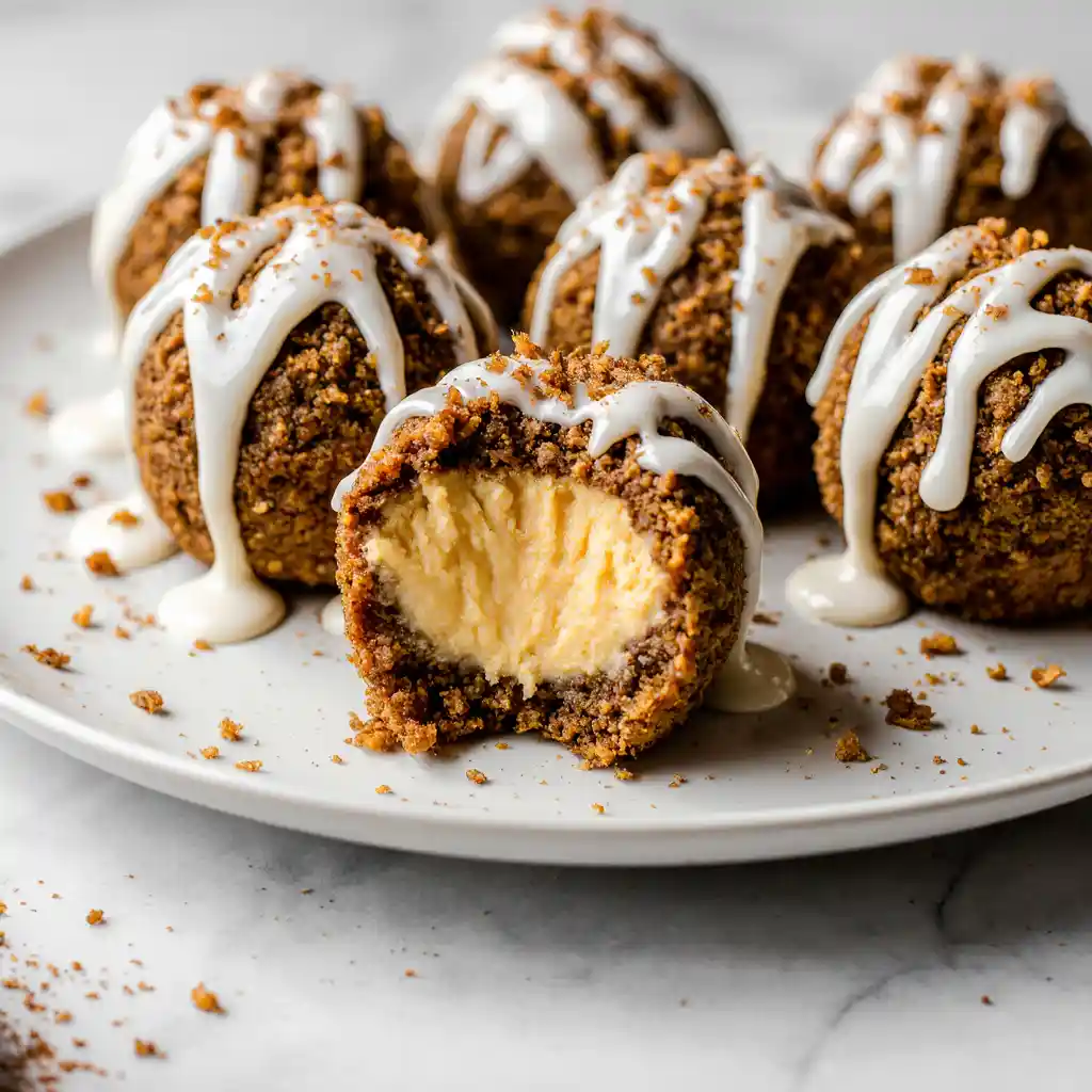 Macro close-up of pumpkin cheesecake ball showing creamy inside and crumb coating