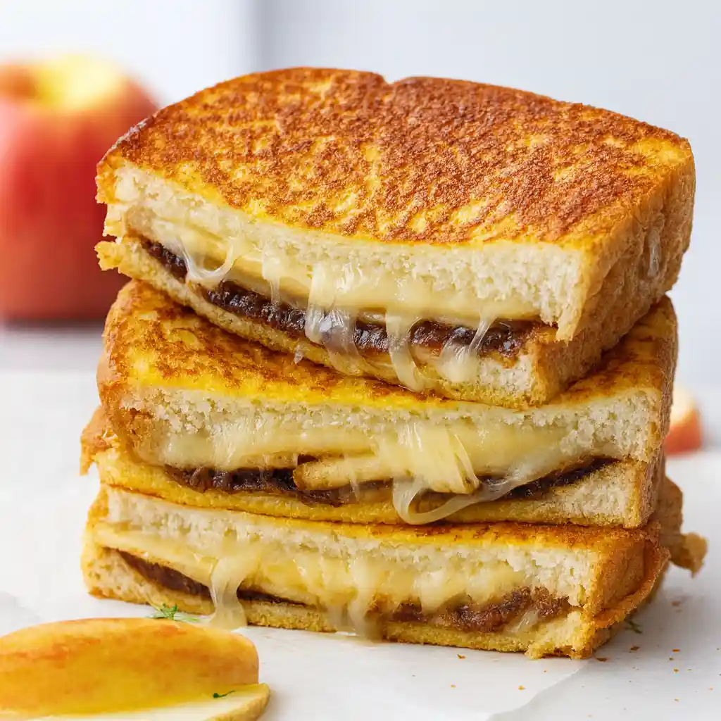 Apple butter grilled cheese sandwich stacked on white marble