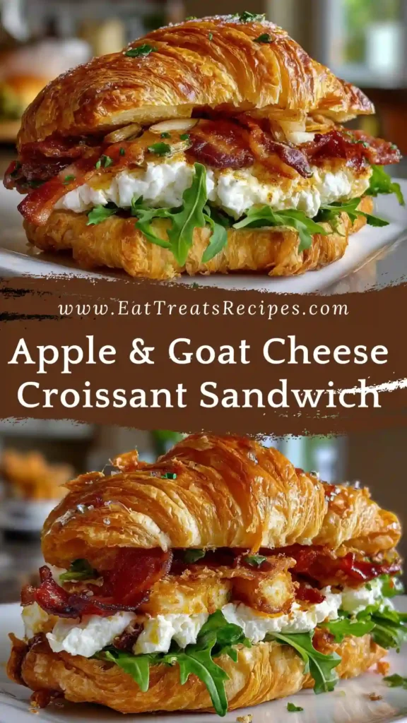 Close-up of flaky croissant layers with goat cheese and apple slices