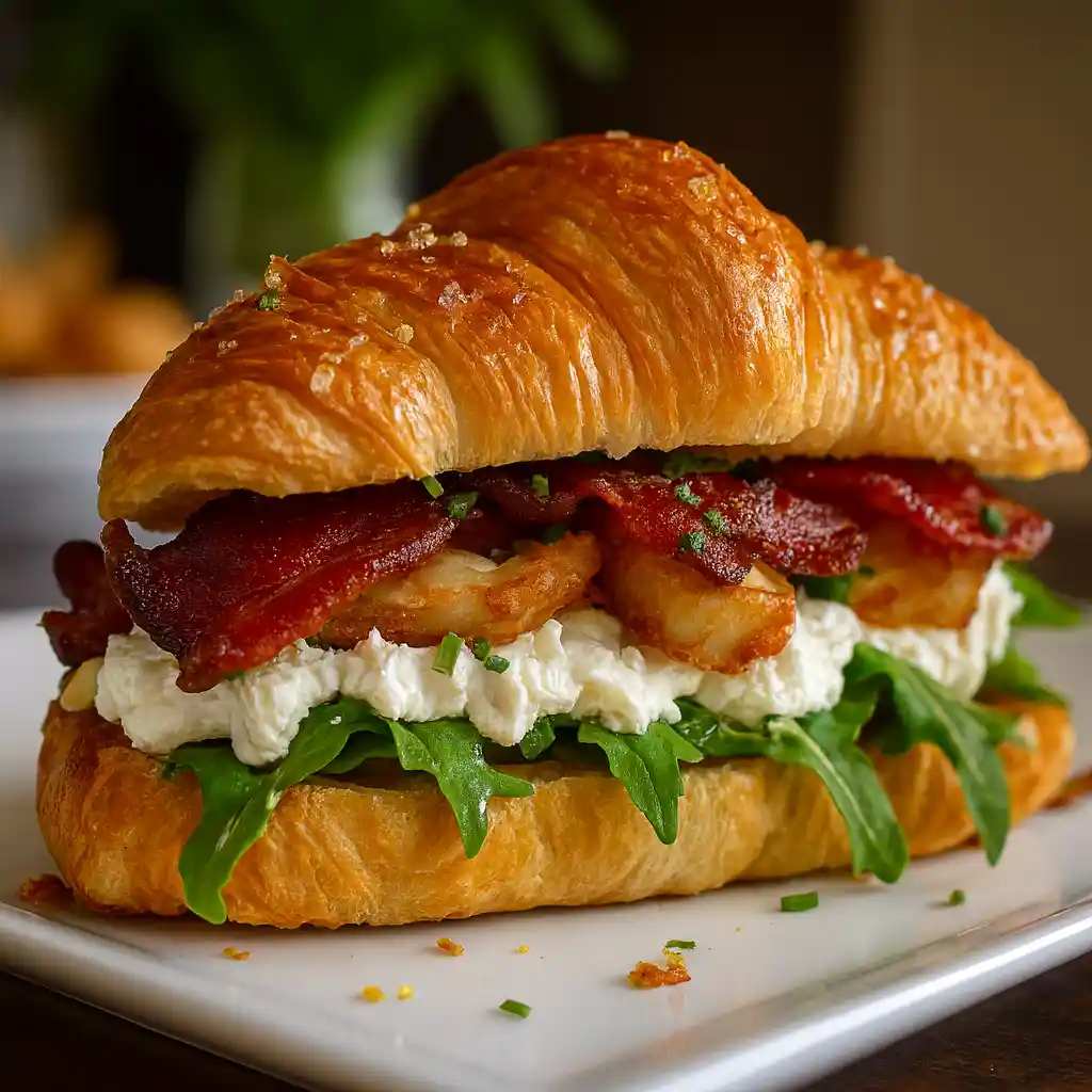 Close-up of flaky croissant layers with goat cheese and apple slices
