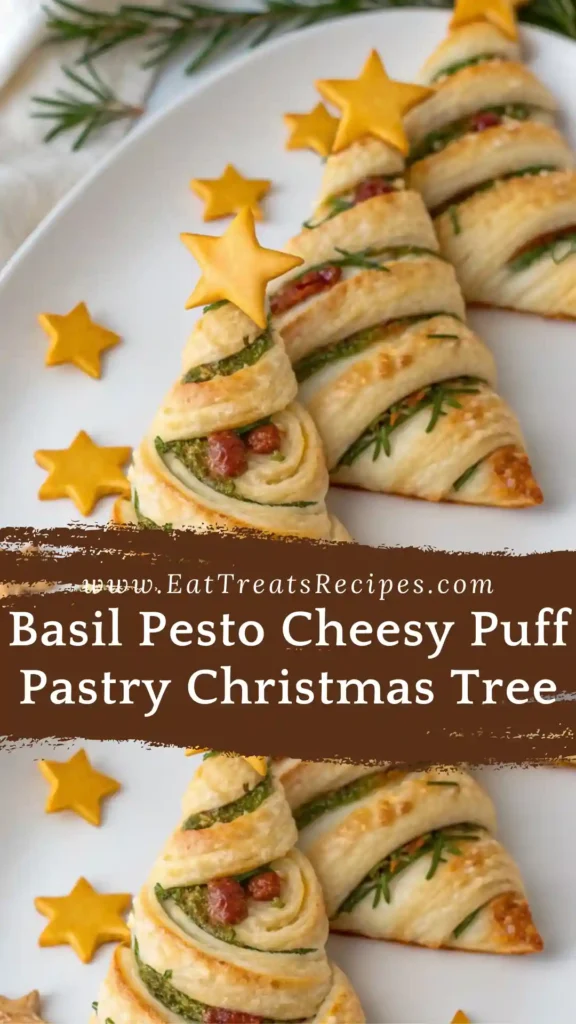 Basil pesto cheesy puff pastry Christmas tree on white marble.