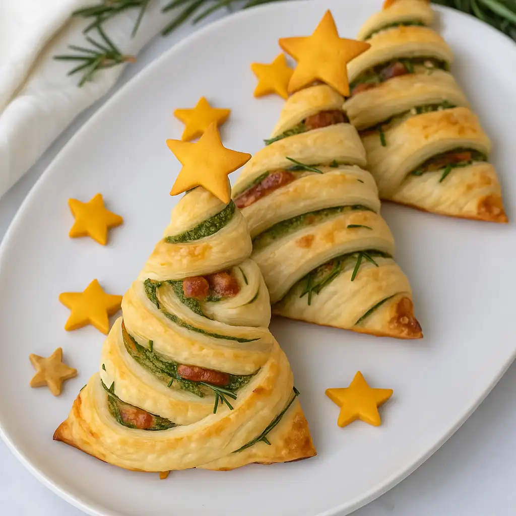 Basil pesto cheesy puff pastry Christmas tree on white marble.