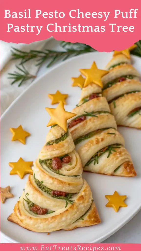 Basil pesto cheesy puff pastry Christmas tree on white marble.
