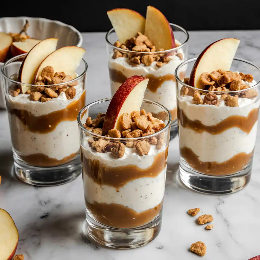 Individual mini cups of caramel apple dip with apple wedges