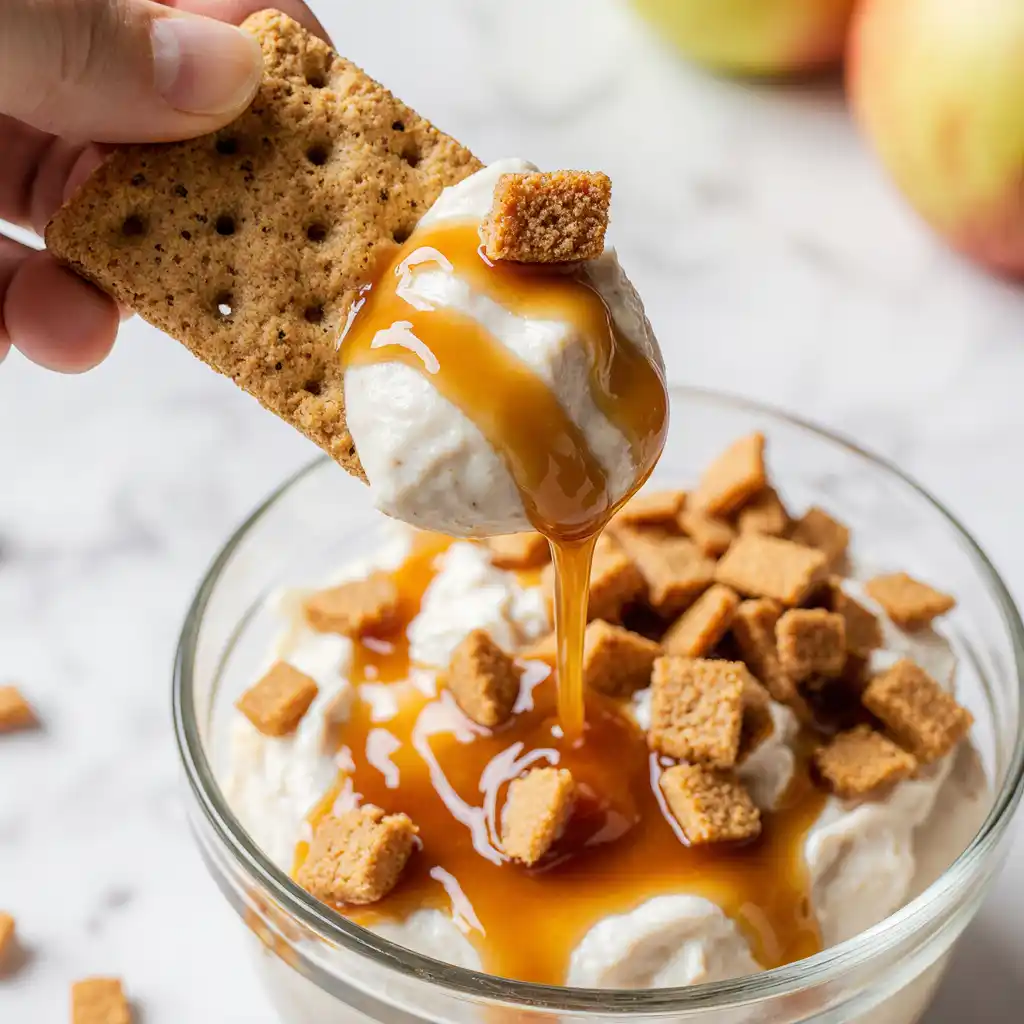 Close-up of caramel layer on cream cheese base with toffee topping