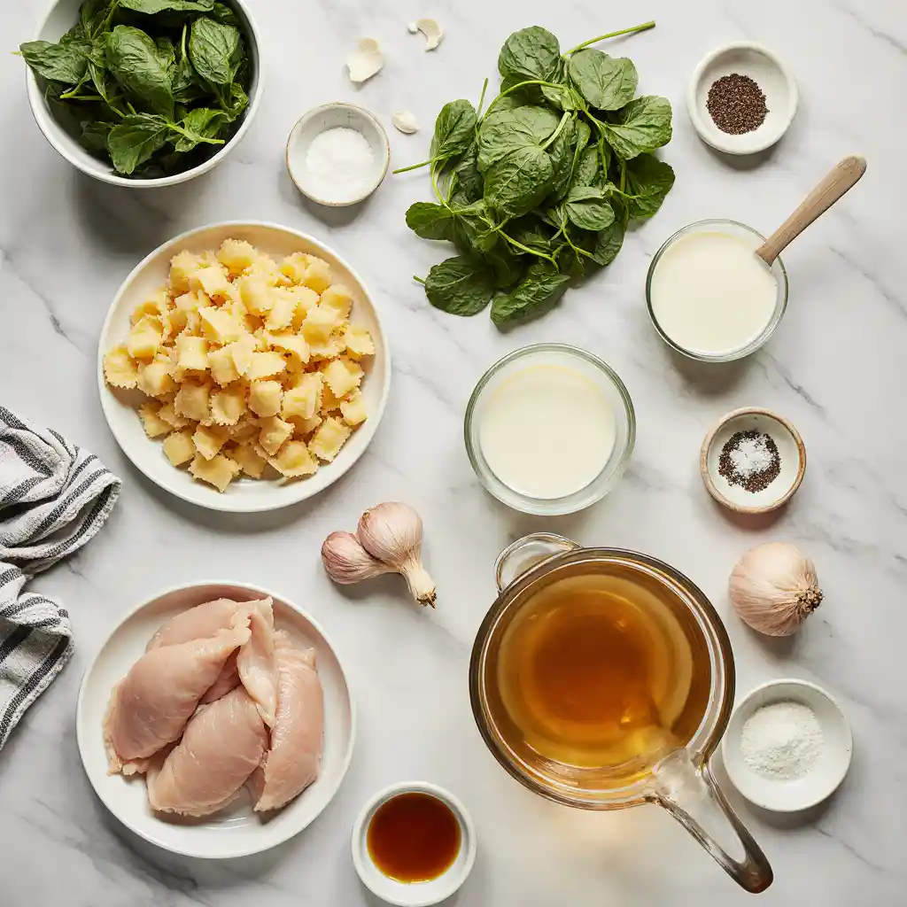 Ingredients for chicken tortellini soup arranged on white marble