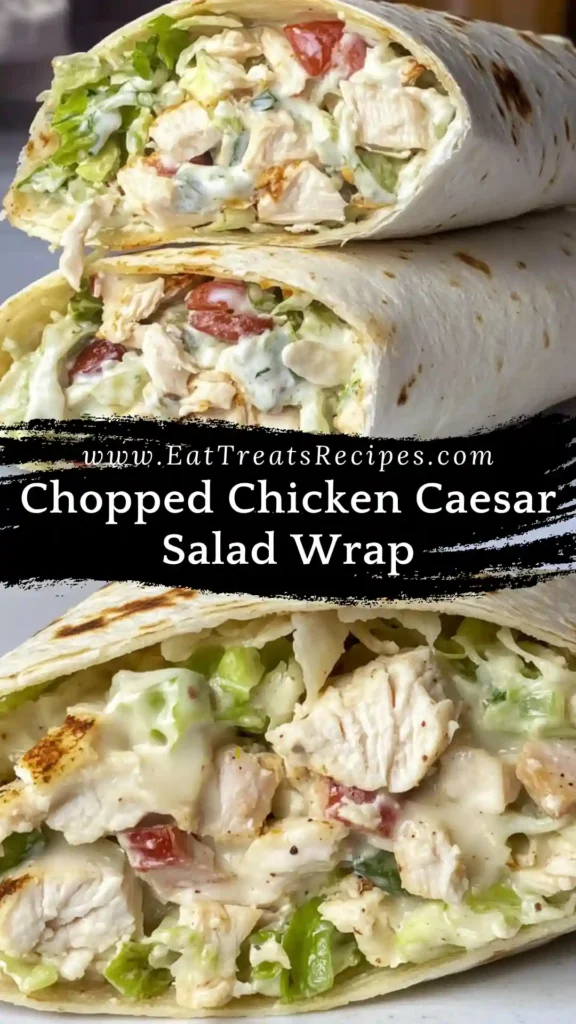 Chopped chicken Caesar salad wrap sliced open on white marble