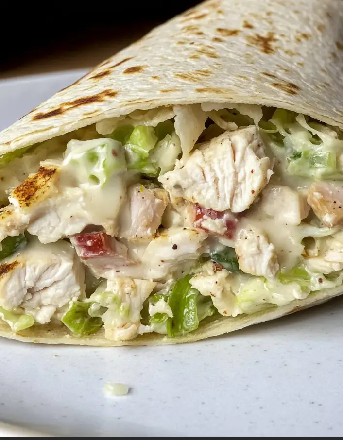 Chopped chicken Caesar salad wrap sliced open on white marble